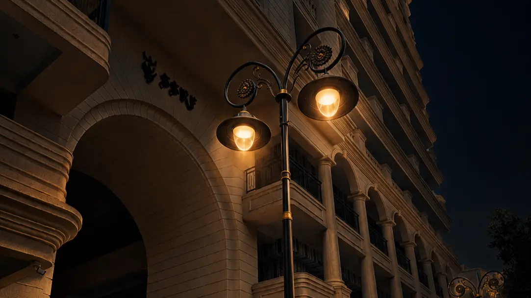 Decorative street light poles illuminating an Indian city promenade at dusk — ornamental pole design